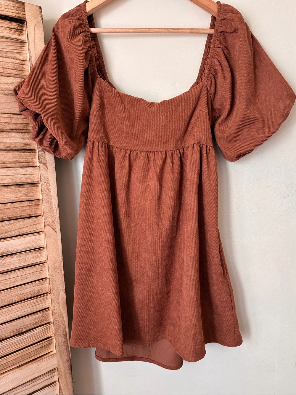 Blue Rain Boho Fall Rust Brown Corduroy Puff Sleeve Tie Back Mini Dress Small